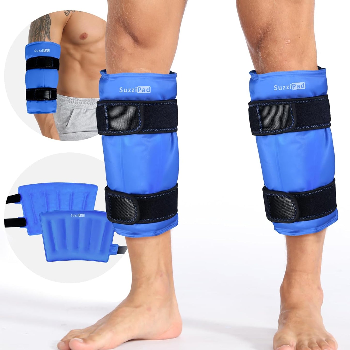 SuzziPad 360° Cold Pack for Calf, Shin, Arm & Elbow – Ice Wrap with Dual-Cover Design, Adjustable Velcro Straps, Leakproof & Reusable Cold Compress for Post-Workout Recovery (2 Packs)