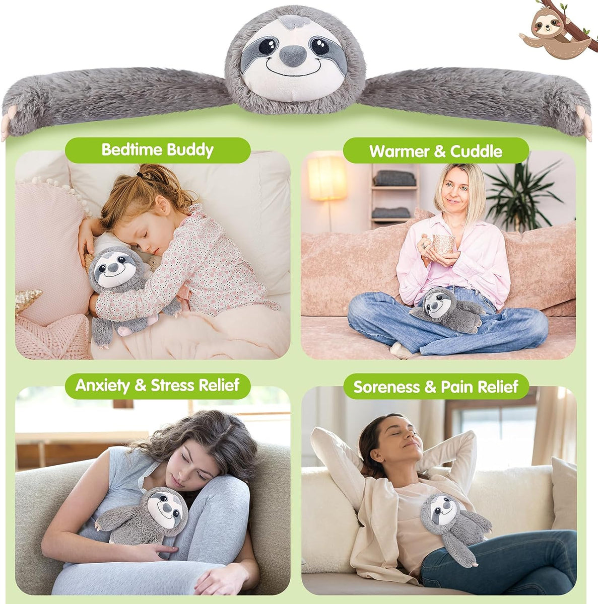 SuzziPad Microwavable Stuffed Animals, Sloth Heating Pads for Cramps