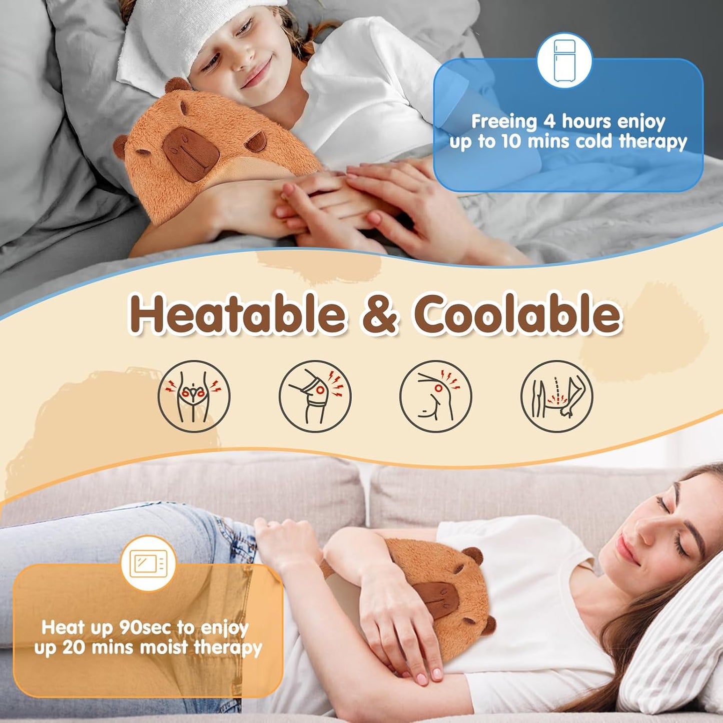7.8" x 10.6", 1.2 lb Capybara Microwavable Heating Pad for Belly, Neck & Shoulders, Removable Plush Cover, Unscented Natural Fill, Adorable Surprise Present