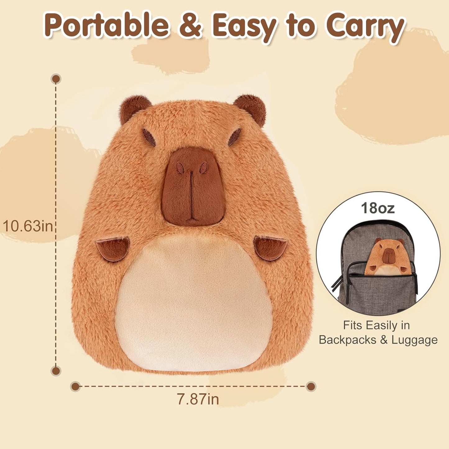 7.8" x 10.6", 1.2 lb Capybara Microwavable Heating Pad for Belly, Neck & Shoulders, Removable Plush Cover, Unscented Natural Fill, Adorable Surprise Present