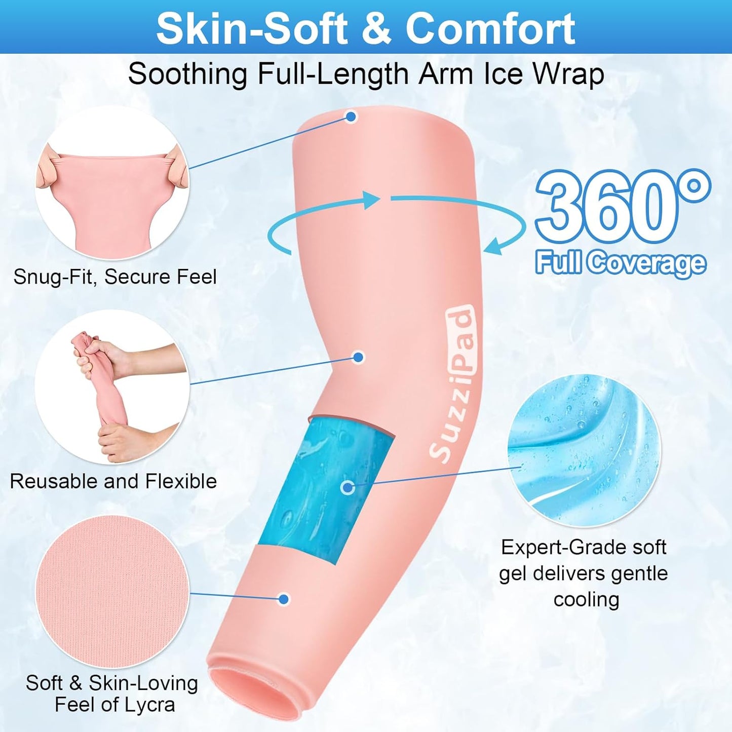Suzzipad Extended-Length Elbow Ice Pack for Pitchers, Flexible Arm ice Pack Sleeve, 360° Reusable Gel Wrap for Upper Arm, Wrist, Shin Splint, Tendonitis and Golfers Relief