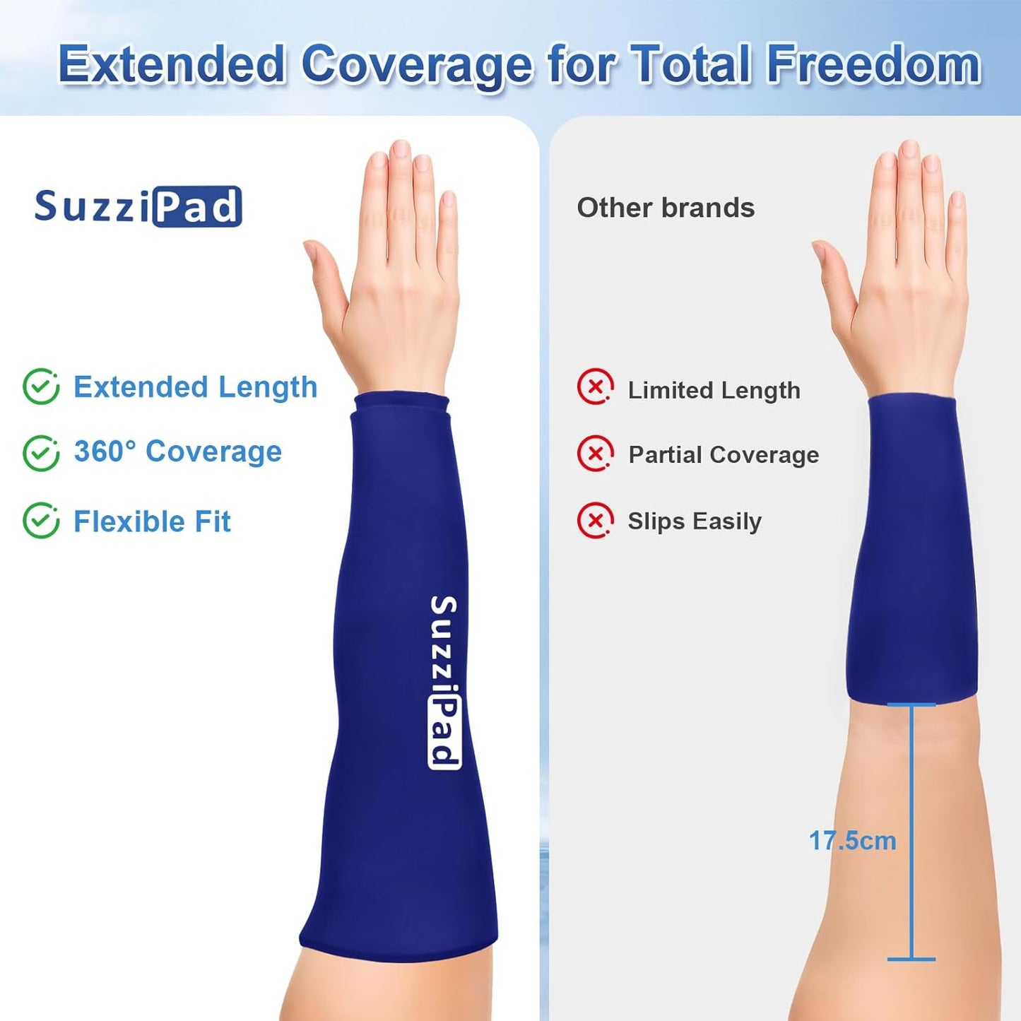 SUZZIPAD Extended-Length Elbow Ice Pack for Pitchers, Flexible Arm ice pack Sleeve, 360° Reusable Gel Wrap for Upper Arm, Wrist, Shin Splint, Tendonitis and Golfers Relief