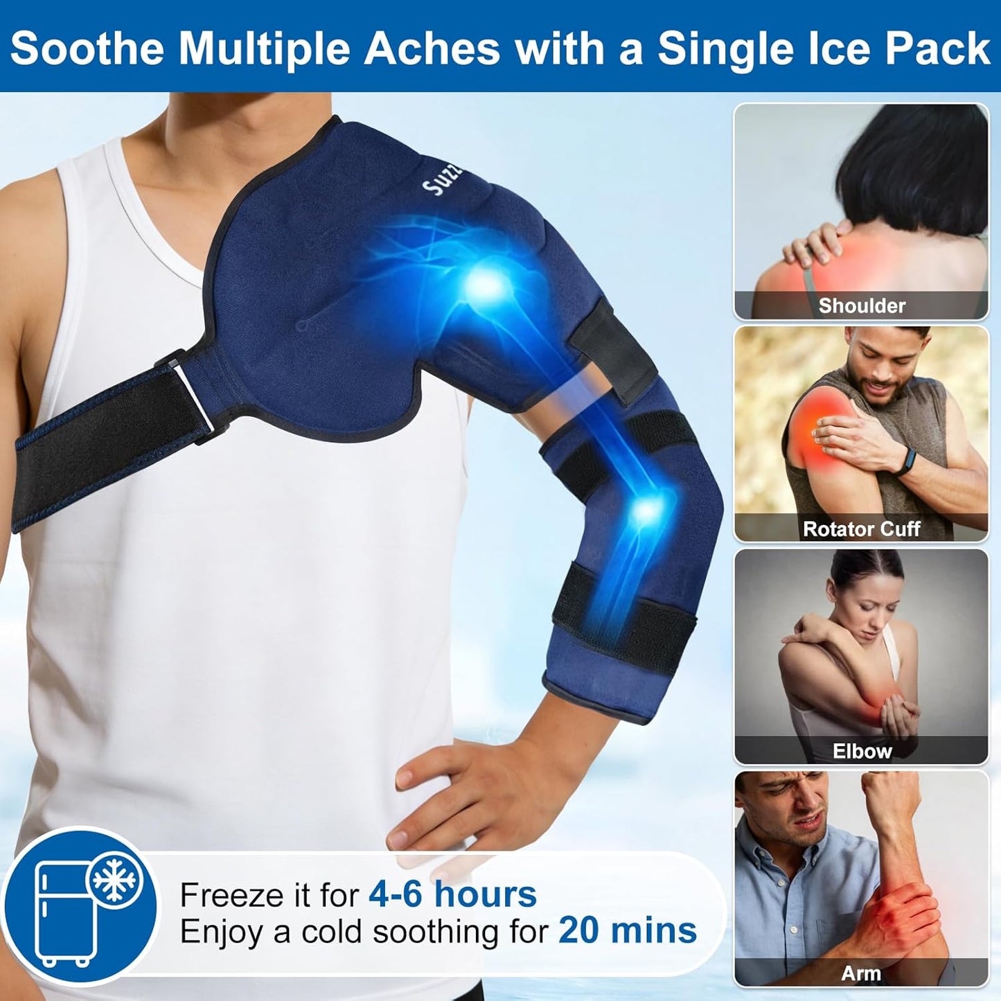 SuzziPad Shoulder Ice Pack for Rotator Cuff & Arm, Adjustable Elbow Ice Sleeve for Pitchers, Reusable Compression for Discomfort & Muscle Relaxation