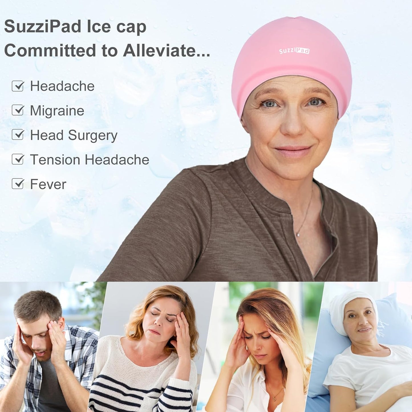 SuzziPad Cold Cap for Chemotherapy Patients, Migraine Relief Cap, Headache Ice Pack, Ice Cap for Chemo, Ice Hats for Migraines