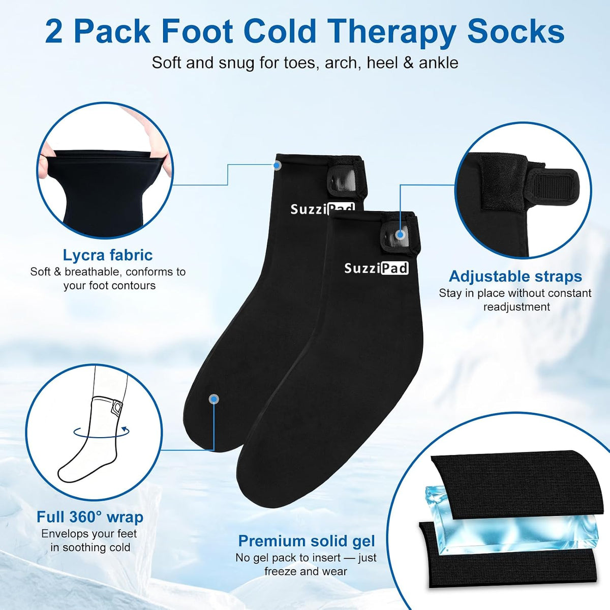SuzziPad Cold Therapy Socks, Adjustable Ankle Ice Pack Wrap for Chemo