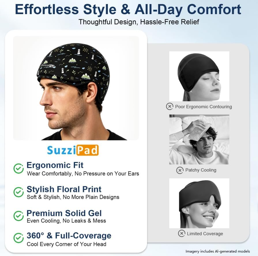 SuzziPad Cooling Cap for Chemo & Migraine, Reusable Soft Solid Gel for 360° Cold Therapy, Chemo Must Have