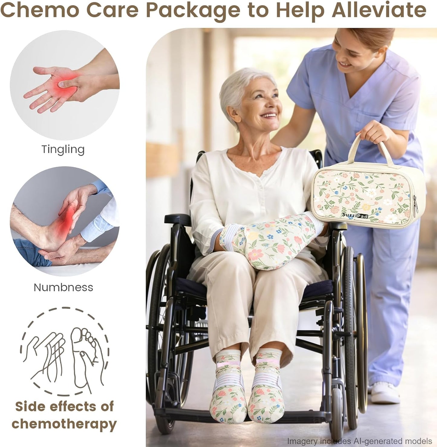 SuzziPad Chemo Gloves and Socks with Insulated Bag for Chemo Patients, Tired Achy Hands & Feet, Swelling Comfort, Chemotherapy Must Haves for Chemo Side Effects, Ditsy Floral