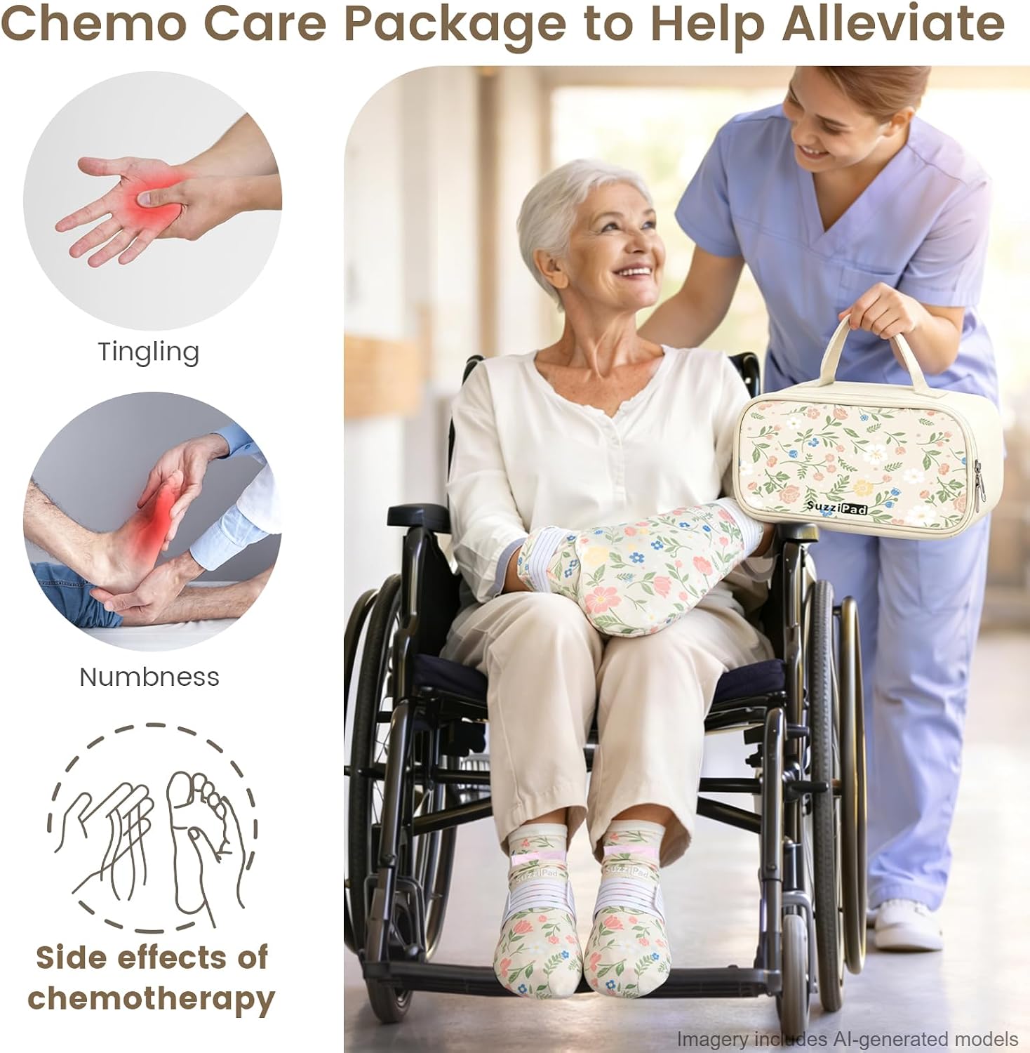 SuzziPad Chemo Gloves and Socks with Insulated Bag for Chemo Patients, Tired Achy Hands & Feet, Swelling Comfort, Chemotherapy Must Haves for Chemo Side Effects, Ditsy Floral