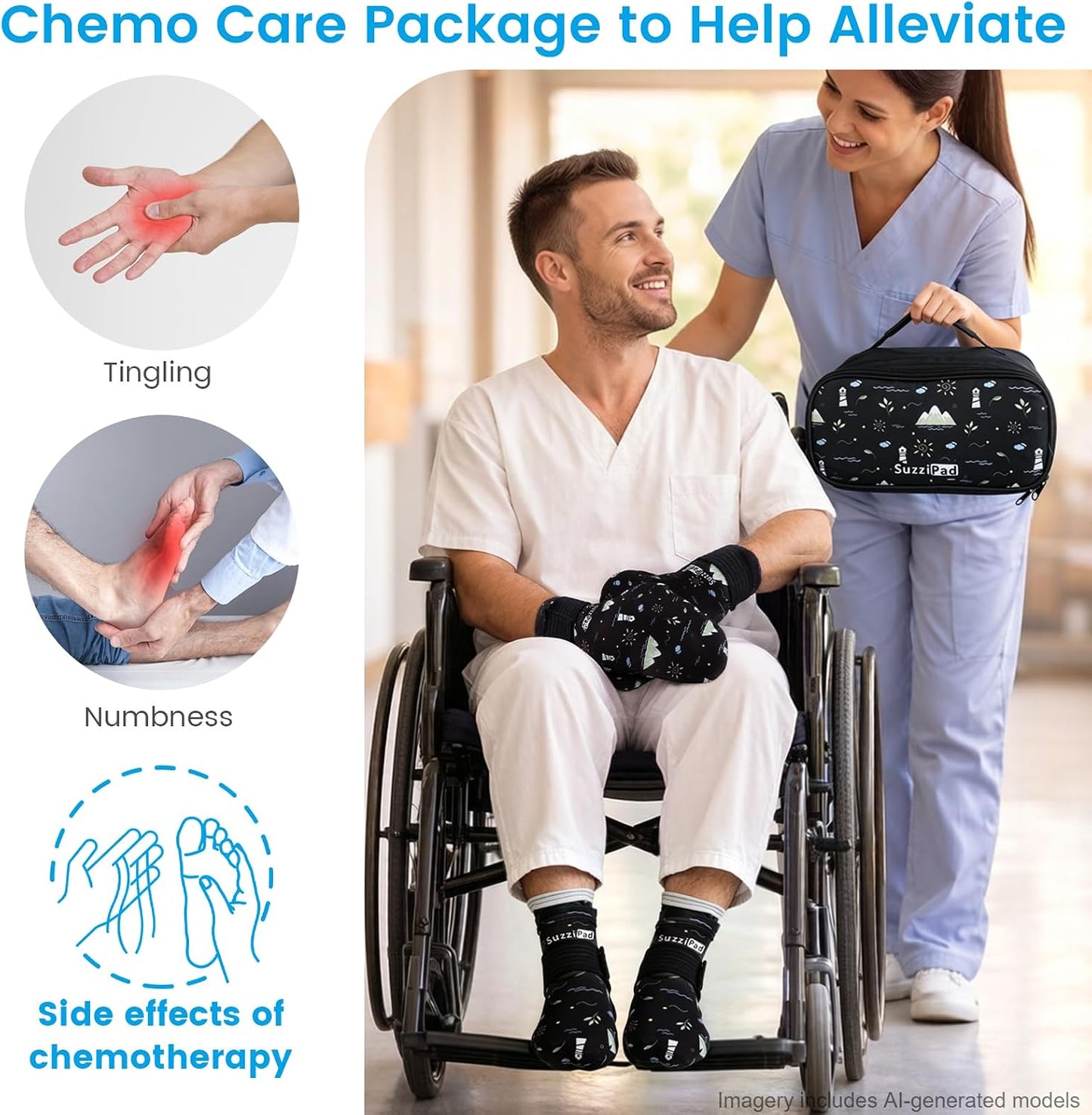 SuzziPad Chemo Gloves and Socks with Insulated Bag for Chemo Patients, Tired Achy Hands & Feet, Swelling Comfort, Chemotherapy Must Haves for Chemo Side Effects, Ditsy Floral