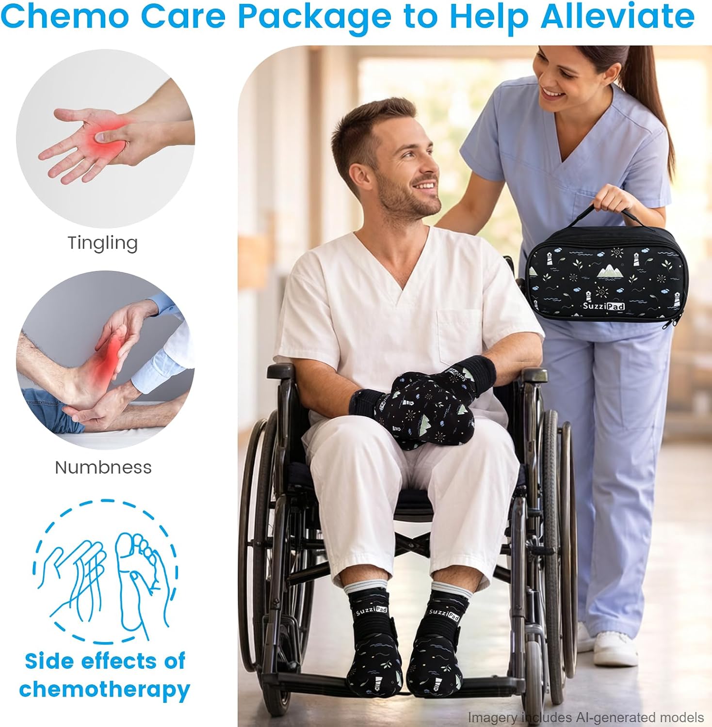 SuzziPad Chemo Gloves and Socks with Insulated Bag for Chemo Patients, Tired Achy Hands & Feet, Swelling Comfort, Chemotherapy Must Haves for Chemo Side Effects, Ditsy Floral