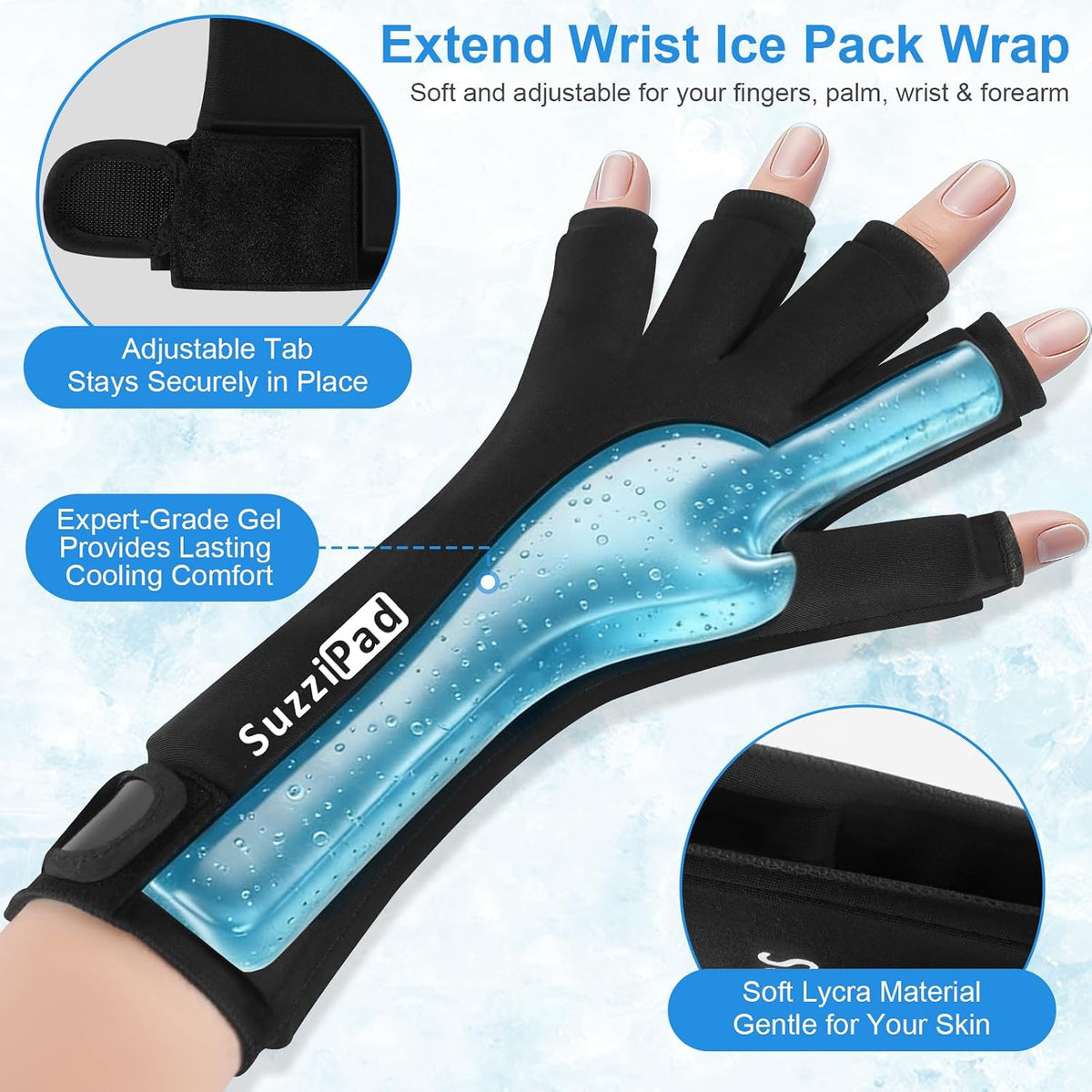 SuzziPad 2PK Hand Ice Pack for Fingers & Forearm, Extended Length Reusable Cold Wrap for Wrist, Post-Workout, Tendonitis