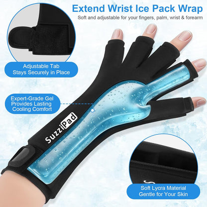 SuzziPad 2PK Hand Ice Pack for Fingers & Forearm, Extended Length Reusable Cold Wrap for Wrist, Post-Workout, Tendonitis