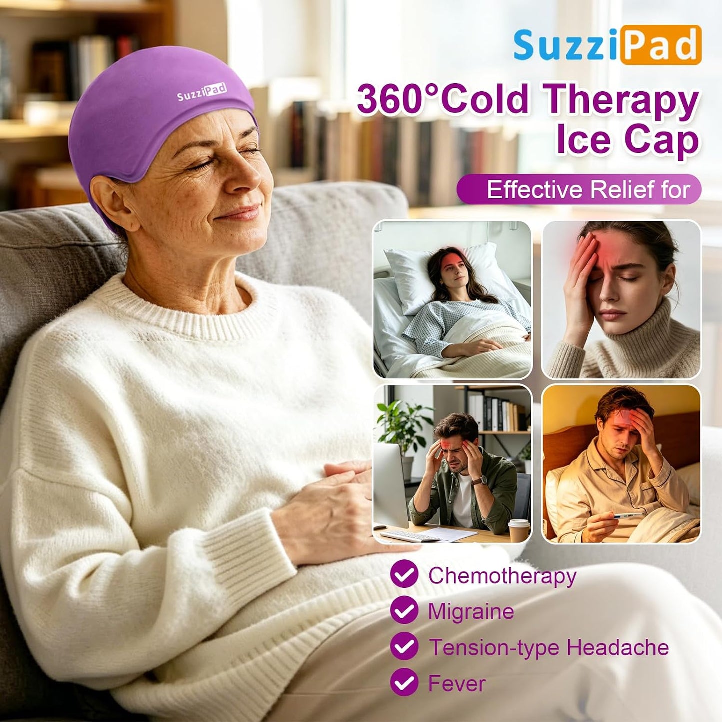 SuzziPad Cold Cap for Chemotherapy Patients, Migraine Relief Cap, Headache Ice Pack