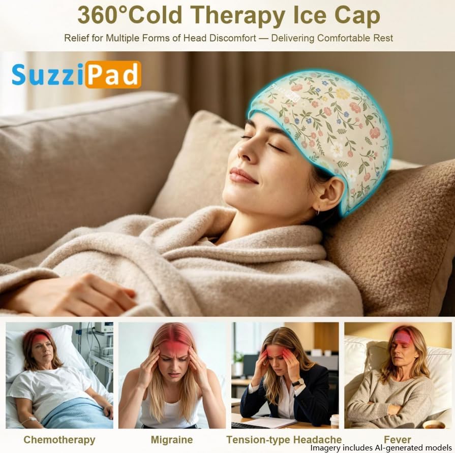 SuzziPad Cooling Cap for Chemo & Migraine, Reusable Soft Solid Gel for 360° Cold Therapy, Chemo Must Have