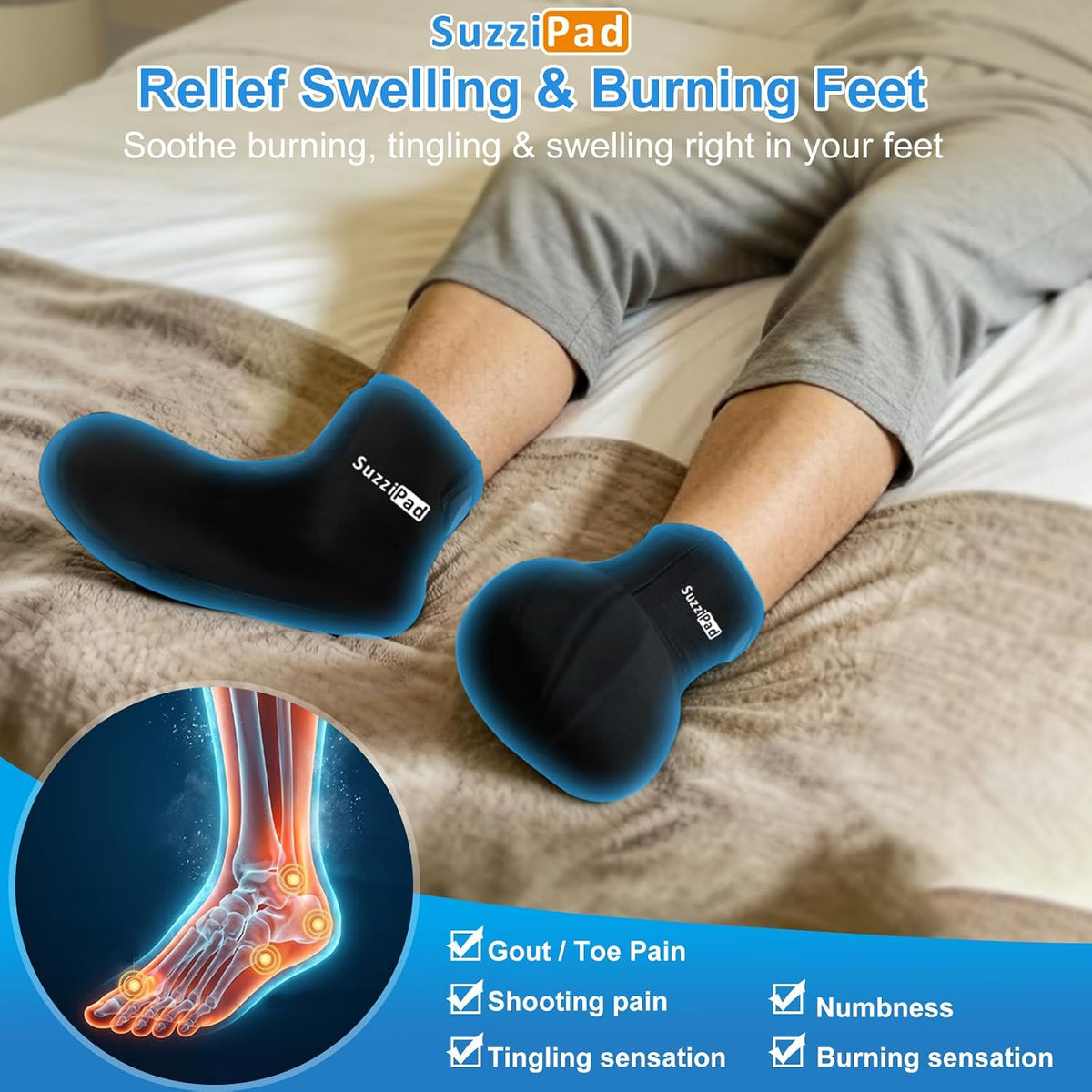SuzziPad Cold Therapy Socks, Adjustable Ankle Ice Pack Wrap for Chemo
