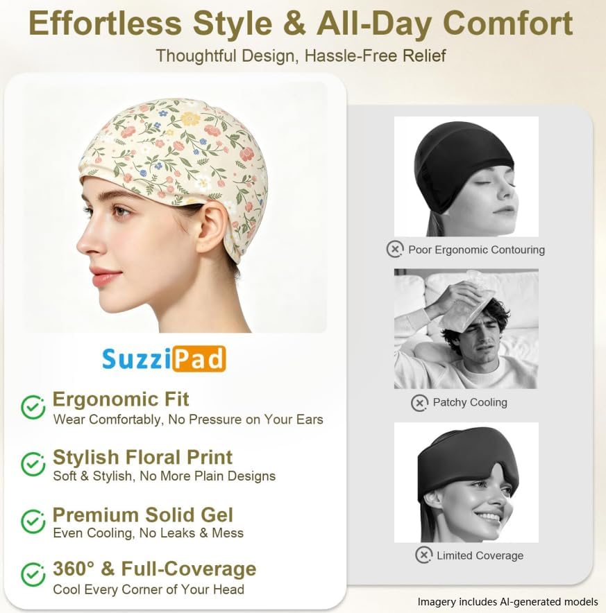 SuzziPad Cooling Cap for Chemo & Migraine, Reusable Soft Solid Gel for 360° Cold Therapy, Chemo Must Have