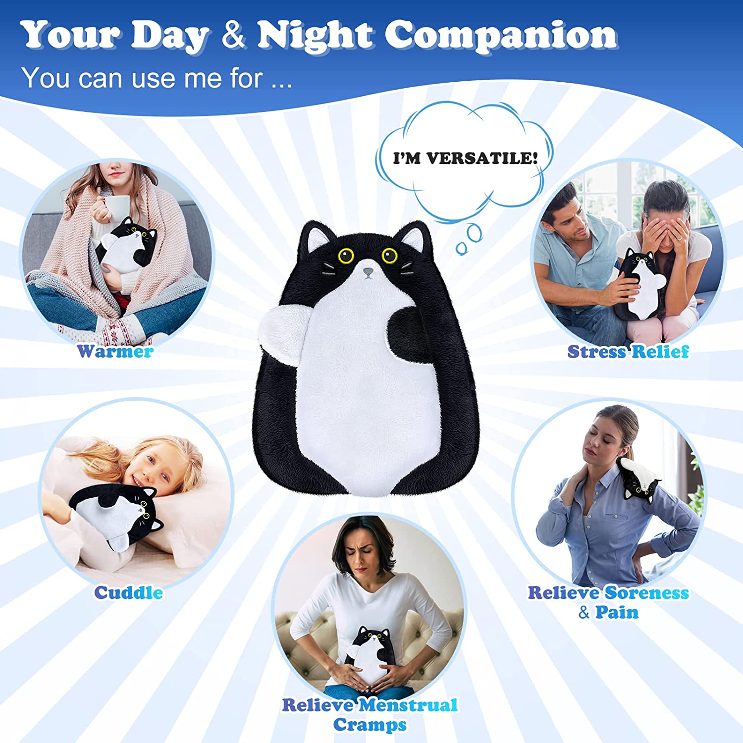 SuzziPad Cute Microwave Heating Pads for Cramps & Period Pain Relief, Weighted Stuffed Animals for Anxiety & Cuddle; Stress Relief Gifts for Women & Girls; Moist Heat Pack with Washable Cover, Cat