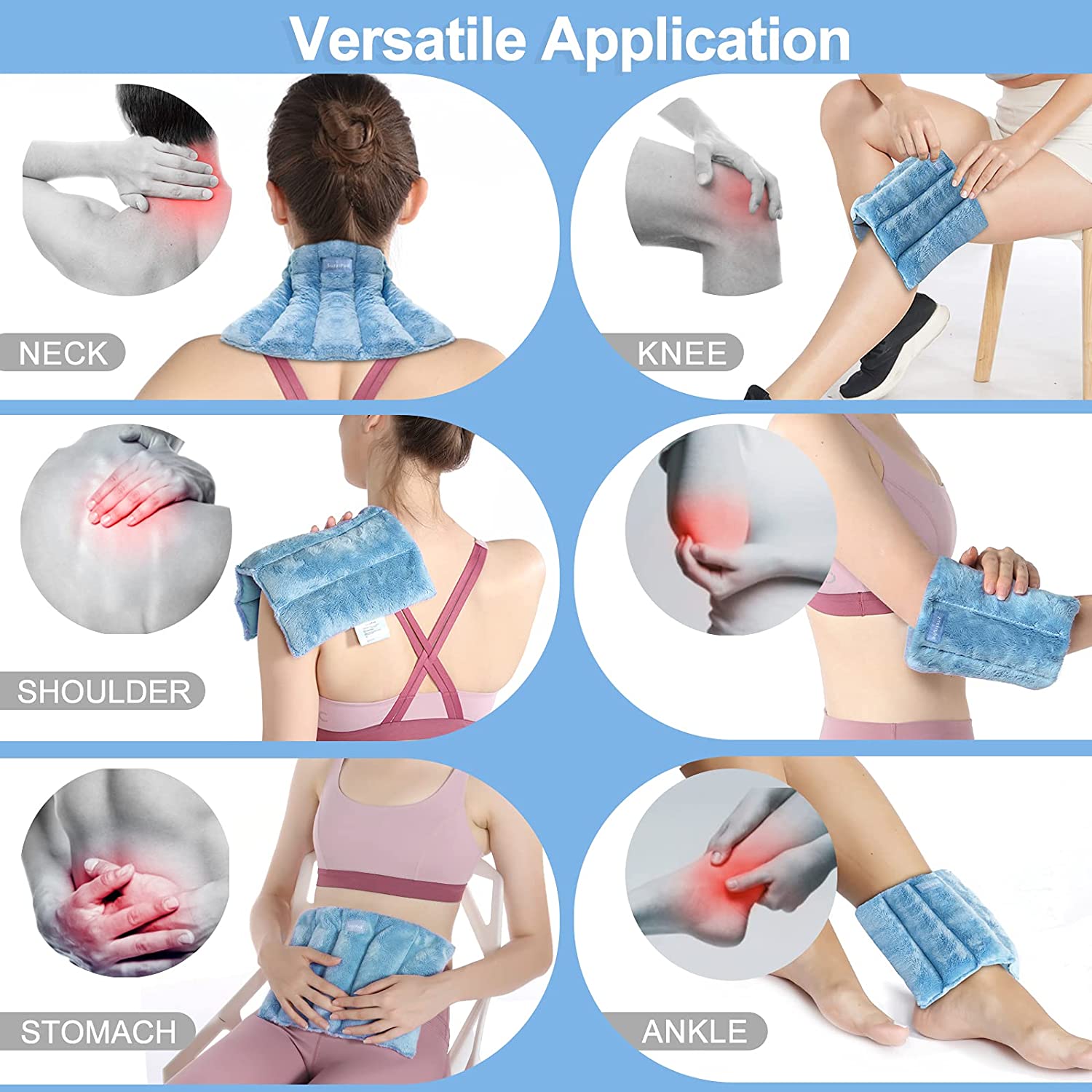 microwavable heating pad placement on neck back abdomen for pain relief