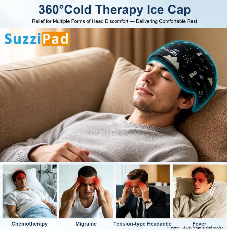SuzziPad Cooling Cap for Chemo & Migraine, Reusable Soft Solid Gel for 360° Cold Therapy, Chemo Must Have