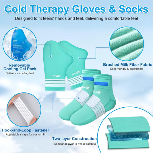 SuzziPad Cold Therapy Gloves & Socks for Small Hands & Feet, Reusable Ice Pack Cooling Wraps for Youth & Adults, Daily Comfort