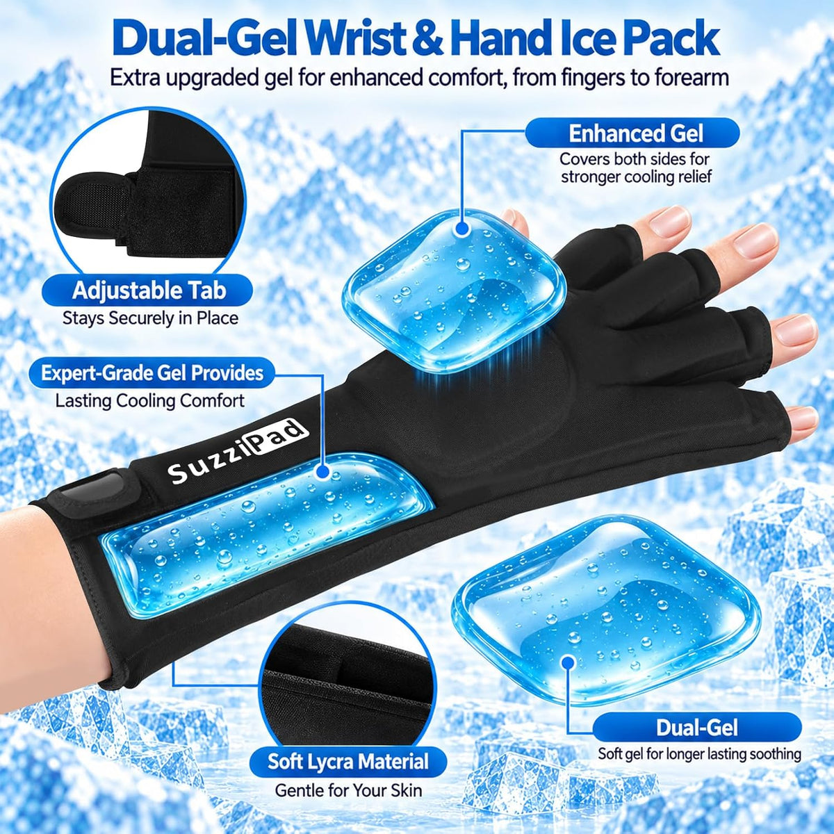 SuzziPad 2PK Extended Dual-Gel Hand Ice Pack, Arthritis & Carpal Tunnel