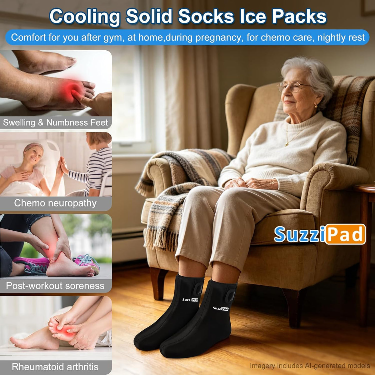 SuzziPad Cold Therapy Socks, Adjustable Ankle Ice Pack Wrap for Chemo