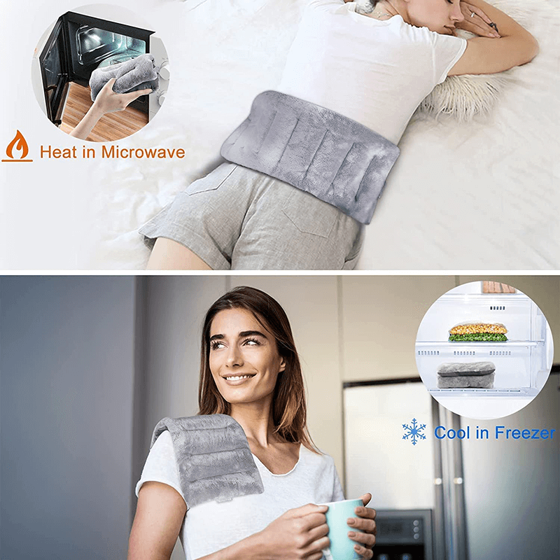 comparison image: electric heating pad vs microwavable flaxseed heating pad, side-by-side product layout