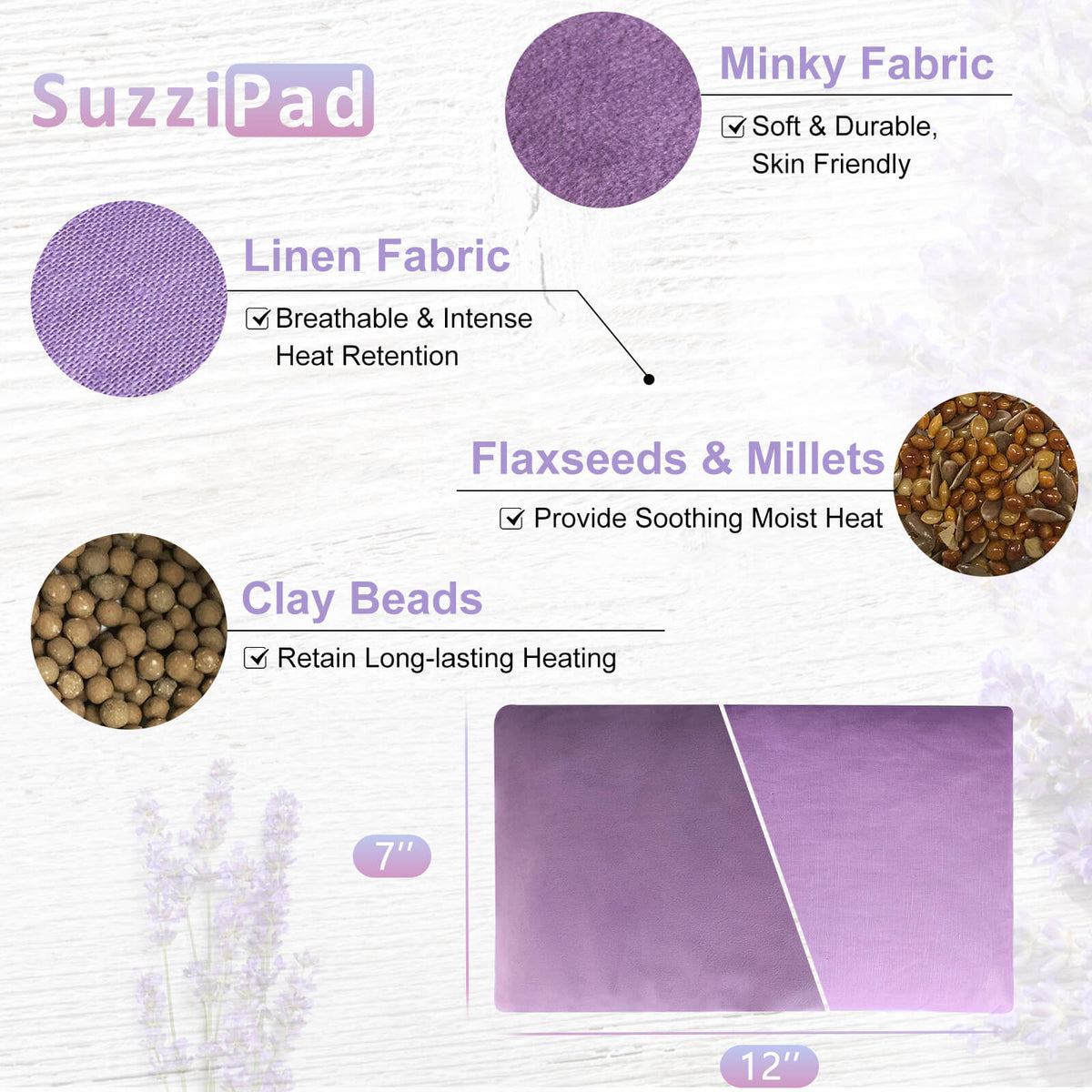 Products SuzziPad Heating Pad Microwavable for Pain Relief with Washable Cover, 7 x12" Reusable Heat Pad for Shoulder, Belly, Elbow, Knee