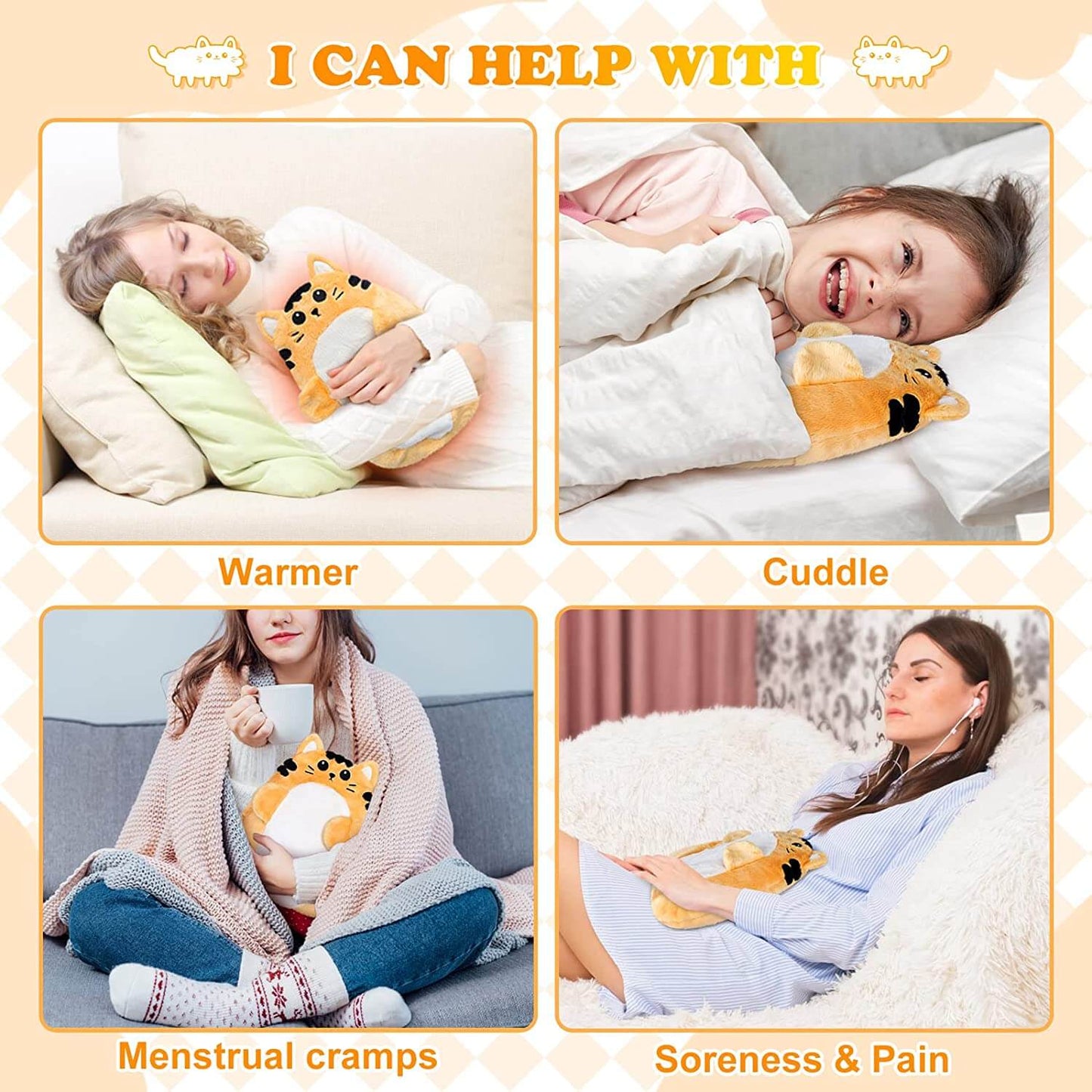 SuzziPad Cute Microwave Heating Pads for Cramps & Period Pain Relief, Weighted Stuffed Animals for Anxiety & Cuddle; Stress Relief Gifts for Women & Girls; Moist Heat Pack with Washable Cover, Cat